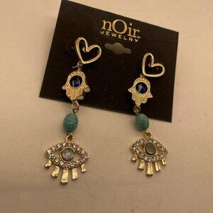 NWT nOir Jewelry Gold Tone Dangle Evil Eye Hamsa Heart Earrings